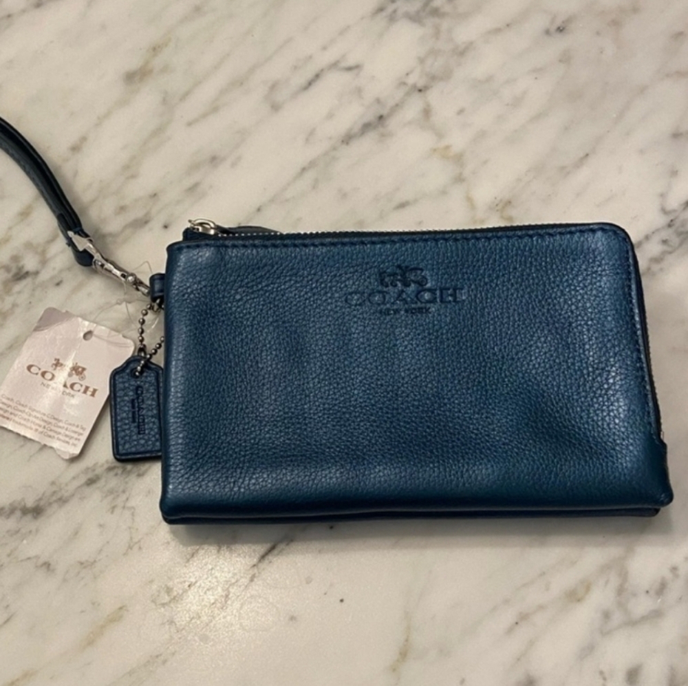 Coach Metallic Teal Blue Wristlet NWT